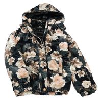 Černo-světlerůžová květovaná sametová zateplená bunda s kapucí Firetrap