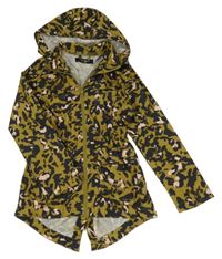 Khaki-černo-růžová vzorovaná šusťáková jarní parka s kapucí 