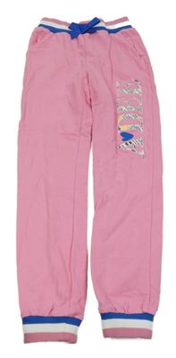 Růžovo-modro-bílé tepláky s nápisem a mašlí 