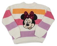Bílo-růžovo-oranžovo-fialový pruhovaný svetr s Minnie C&A