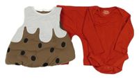 3set - kostým- Hnědo-bílá zateplená vesta - pudding + červené body + červené legíny F&F