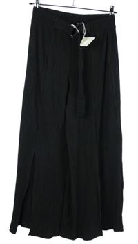 Nové - Dámské černé plisované culottes kalhoty s rozparky a páskem Bershka 