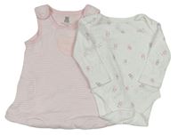 2set- růžovo-bílé pruhované zateplené šaty+ bílé body s králíčky Bluezoo