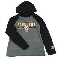 Šedo-černé sportovní triko s potiskem a kapucí 