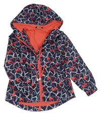 Tmavomodro-bílo-červená šusťáková jarní bunda se srdíčky a kapucí Primark