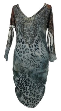 Dámské šedo-hnědé vzorované úpletové šaty s kamínky a průřezy 