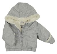 Šedá šusťáková zateplená bunda se srnami a kapucí 