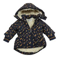 Tmavomodrá šusťáková zateplená parka s vážkami a kapucí 