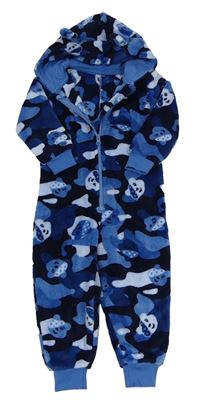 Modro-tmavomodro-petrolejová army plyšová kombinéza s medvídky Pudsey a kapucí s oušky George