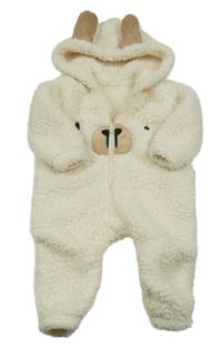 Smetanová huňatá kombinéza s medvídkem a kapucí s oušky SHEIN