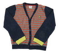 Červeno-šedý pruhovaný propínací svetr s tmavomodrými rukávy a lemem Mamas&Papas