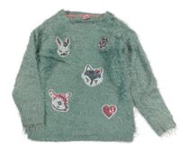 Světlemodrý chlupatý svetr se zvířátky z flitrů Kiki&Koko