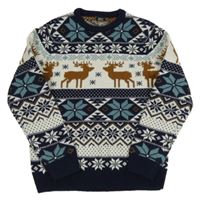 Tmavomodro-bílo-světlemodrý vzorovaný vlněný svetr s jeleny Next 