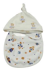 2set - Bílá čepice s medvídky + froté bryndák s raketami 