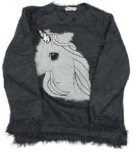Tmavošedý chlupatý svetr s jednorožcem H&M