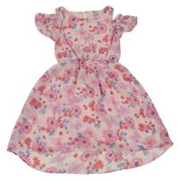 Světlerůžové šifonové šaty s květy a volnými rameny Dopodopo