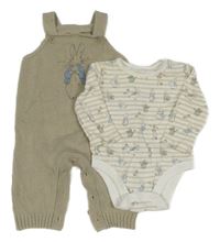 2set - Béžové pletené laclové kalhoty Peter Rabbit + pruhované body 
