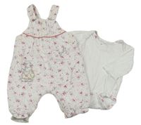 2Set - Bílé manšestrové laclové podšité kalhoty s kytičkami a sloníkem + perforované body Mothercare