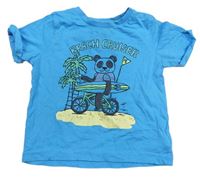 Azurové tričko s pandou a palmami a nápisem Mothercare
