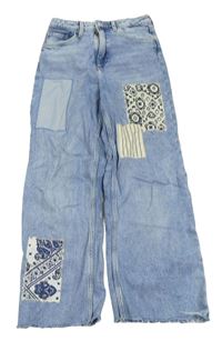 Světlemodré plísňové patchwork wide leg rifle H&M