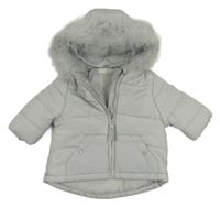 Světlešedá prošívaná šusťáková zimní bunda s kapucí s kožešinou MINTINI BABY