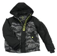 Šedo-černá army prošívaná šusťáková zimní bunda s nápisem a znakem a kapucí Y.F.K.