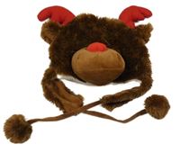 Hnědá chlupatá zateplená čepice s bambulemi - sob