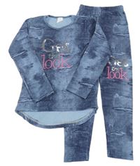 2Set - Modrá silnější mikina riflového vzhledu s nápisy a flitry + teplákové legíny