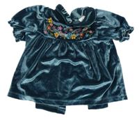 Smaragdová lesklá sametová halenka s kytičkami a volánkem Next