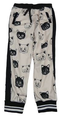 Světlepudrovo-černé tepláky s kočičkami a pruhy SIX BUNNIES