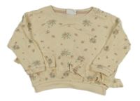 Smetanová žebrovaná oversize mikina s kytičkami a volánkem so cute