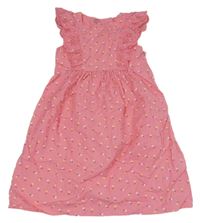 Růžové plátěné šaty s kytičkami a volánky s madeirou KIABI