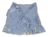 Modro-bílá pruhovaná plátěná sukně s květy a volánky a zavazováním Zara