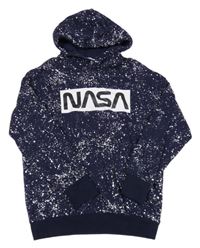 Tmavomodro-bílá skvrnitá mikina s nápisem - NASA a kapsou a kapucí H&M