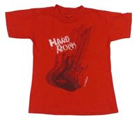 Červené tričko s kytarou a nápisy 