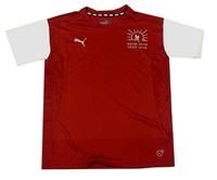 Červeno-bílé sportovní funkční tričko s potiskem a logem Puma