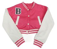 Tmavorůžovo-bílá baseballová crop mikina s písmenem