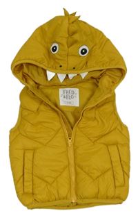 Okrová prošívaná šusťáková zateplená vesta s kapucí - dinosaurus F&F