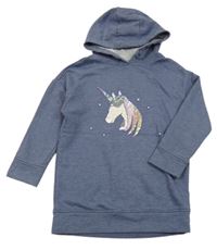 Tmavomodré melírované teplákové šaty s jednorožcem z překlápěcích flitrů a kapucí Next