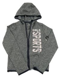 Tmavošedá melírovaná sportovní propínací mikina s nápisem a kapucí