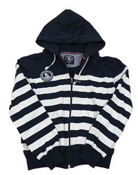 Tmavomodro-bílá pruhovaná propínací mikina s nášivkou a kapucí