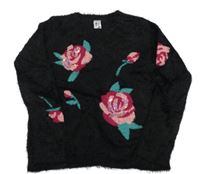 Černý chlupatý svetr s růžemi s flitry C&A