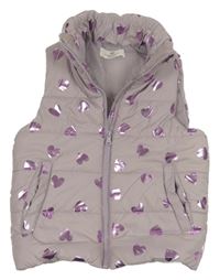 Lila šusťáková zateplená vesta se srdíčky H&M