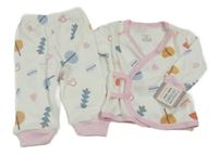 Nové - 2set - Bílé žebrované zavinovací triko s obrázky + lehké tepláky