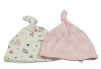 2x bavlněná čepice - smetanová s Púem a přáteli + růžová s Barbie