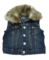 Tmavomodrá riflová crop vesta s kožešinovým límcem H&M