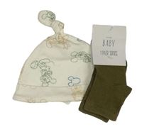 2set - Smetanová bavlněná čepice s Mickeym + khaki ponožky