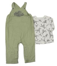 2set - Zelené plátěné laclové kalhoty s dinosaurem + bílé triko - Jurský svět Primark