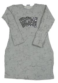 Šedé teplákové šaty s hvězdami a nápisem z flitrů 