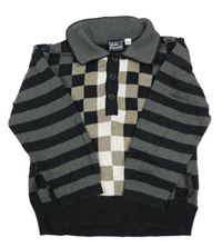 Černo-šedo-béžový kostkovaný lehký svetr s límečkem 